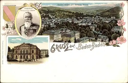 Litho Baden Baden, Panorama vom Ort, Wappen, Portrait Friedrich Großherzog v. Baden, Theater