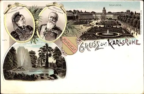 Litho Karlsruhe in Baden, Schloss, Wappen, Friedrich Großherzog von Baden, Großherzogin Louise 