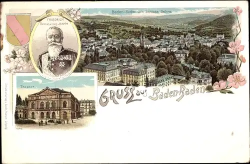 Litho Baden Baden, Panorama vom Ort, Wappen, Portrait Friedrich Großherzog v. Baden, Theater