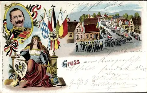 Litho Kaiser Wilhelm II., Fest, Kaiserliche Soldaten, Waffenbrüderschaft, Wappen