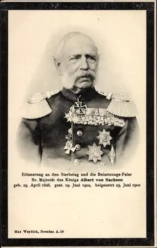 Ak König Albert von Sachsen, Portrait in Uniform, Orden, Trauerkarte