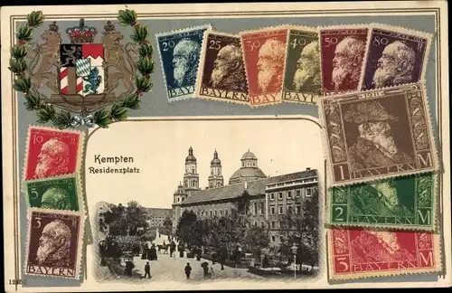 Präge Wappen Briefmarken Ak Kempten im Allgäu Schwaben, Residenzplatz, Prinz Luitpold von Bayern