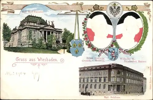 Präge Ak Wiesbaden Hessen, Königliches Hoftheater, Schloss, Kaiserpaar, Wilhelm II., Wappen