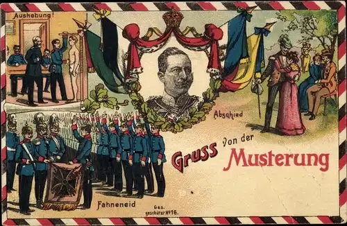 Ak Musterung, Porträt Kaiser Wilhelm II., Aushebung, Fahneneid, Abschied Frau