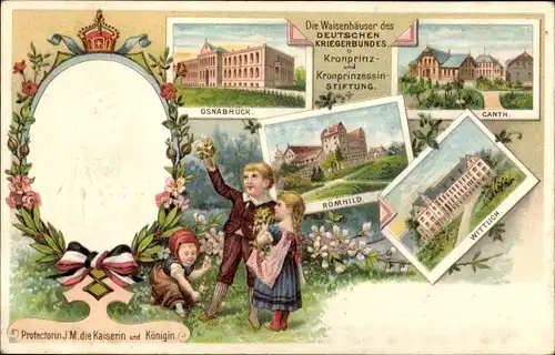 Präge Litho Waisenhäuser des Deutschen Kriegerbundes, Osnabrück, Canth, Wittlich, Römhild, Kaiserin