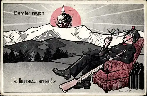 Künstler Ak Chatillon, Pierre, Dernier rayon, reposez armes, Karikatur Kaiser Wilhelm II., Soldat