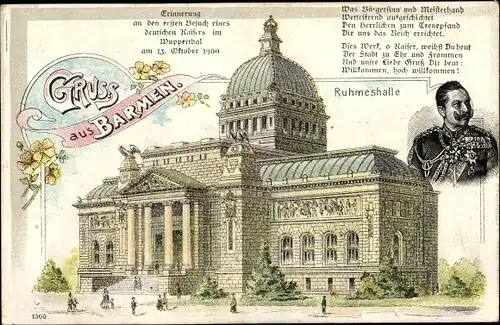 Litho Barmen Wuppertal, Ruhmeshalle, Besuch Kaiser Wilhelm II. 1900, Gedicht