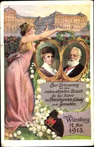 Ganzsachen Künstler Ak Würzburg, Besuch Prinzregent Ludwig III von Bayern und Marie Therese, 1913