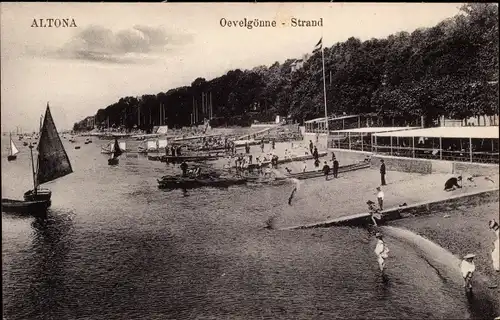 Ak Hamburg Oevelgönne Altona Othmarschen, Strand, Boote, überdachte Terrasse