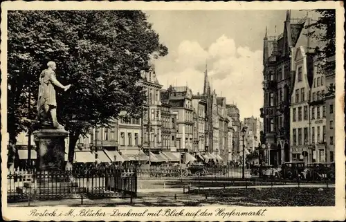 Ak Rostock in Mecklenburg Vorpommern, Blücherdenkmal, Hopfenmarkt