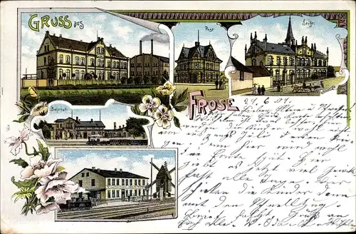 Litho Frose in Anhalt, Bahnhof, Gasthof Glück auf, Post, Stift