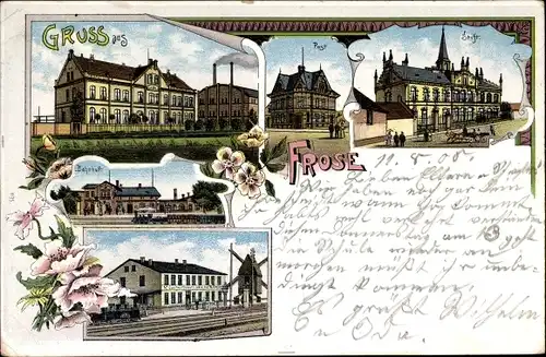 Litho Frose in Anhalt, Bahnhof, Gasthof Glück auf, Post, Stift