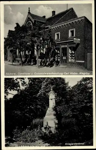 Ak Niegripp Burg bei Magdeburg, Kriegerdenkmal, Bäckerei, Konditorei, Kolonialwarenhandlung