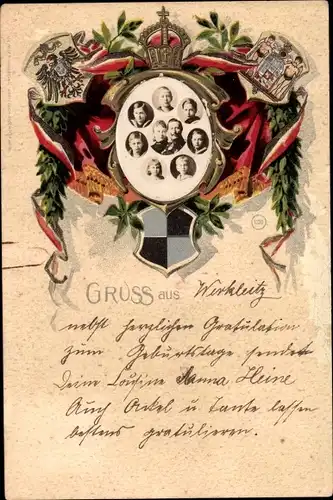 Ak Deutsches Kaiserhaus, Kaiser Wilhelm II., Kaiserin Auguste Viktoria, Prinzen, Prinzessin, Wappen