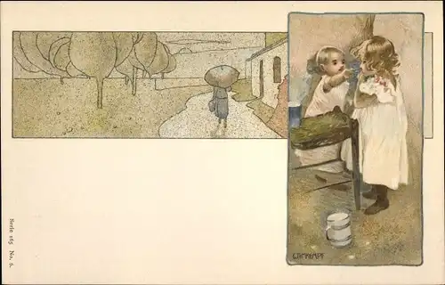 Jugendstil Künstler Ak Kempf, C. Th., Kinderportrait, Landschaftsmotiv