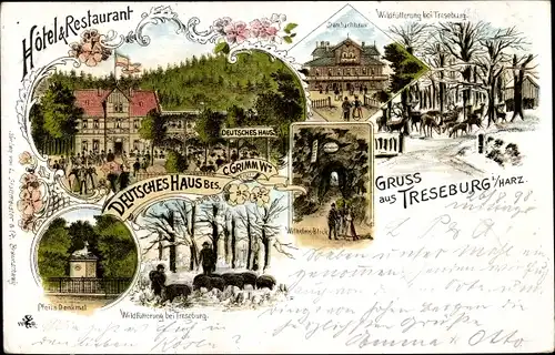 Litho Treseburg Thale im Harz, Hotel Deutsches Haus, Inh. C. Grimm, Dambachhaus, Wildfütterung