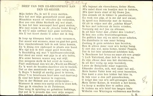 Ak Kronprinz Wilhelm von Preußen im Exil Wieringen 1919, Brief an den Kaiser