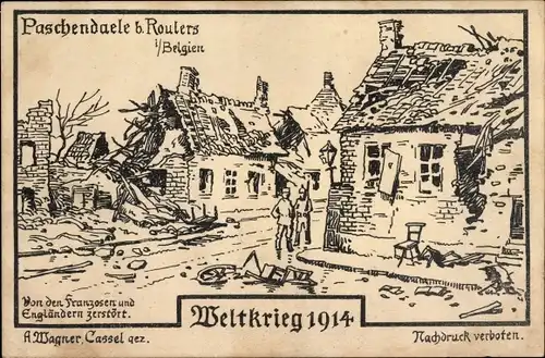 Künstler Ak Paschendaele Passendale Westflandern, von den Franzosen und Engländern zerstört, 1. WK