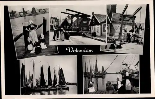 Ak Volendam Nordholland Niederlande, Brücke, Hafen, Frauen in Tracht