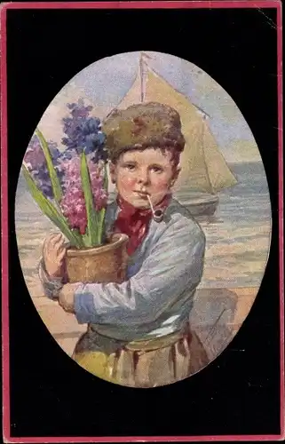 Künstler Ak Feiertag, Karl, Blumengrüße, Junge in Tracht mit Blumentopf und Tabakpfeife, BKWI 458-5