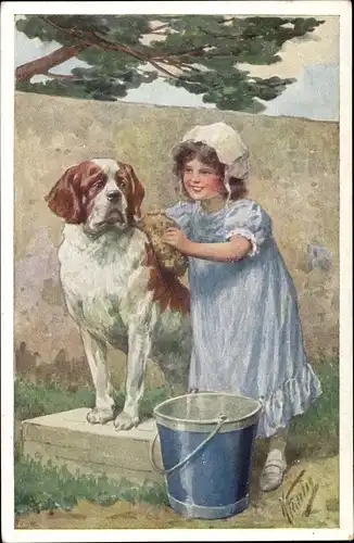 Künstler Ak Feiertag, Karl, Große Wäsche, Mädchen wäscht einen Bernhardiner, BKWI 469-1