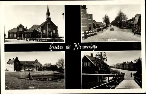 Ak Nieuwendijk Nordbrabant, Geref. Kerk en Pastorie, Rijksweg, Villa, Osloplein