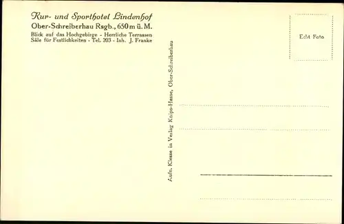 Ak Szklarska Poręba Ober Schreiberhau Riesengebirge Schlesien, Kurhotel Lindenhof