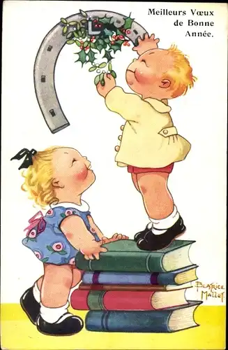 Künstler Ak Mallet, Beatrice, Glückwunsch Neujahr, Kinder, Hufeisen, Bücher, Stechpalmenzweige