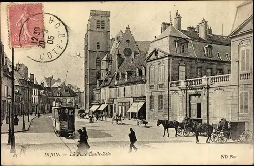 Ak Dijon Côte d'Or, Place Emile-Zola, Straßenbahn, Kutsche