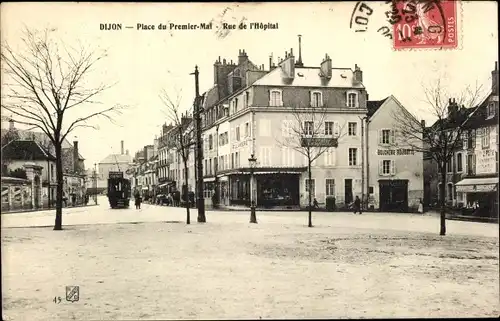 Ak Dijon Côte d'Or, Place du Premier Mai, Rue de l'Hopital, Straßenbahn