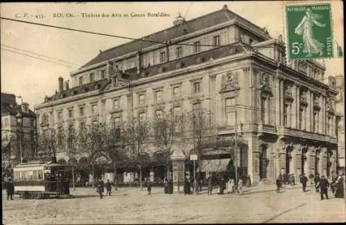 Ak Rouen Seine Maritime, Theatre des Arts et Cours Boieldieu, Straßenbahn