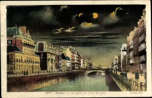 Ak Rennes Ille et Vilaine, Les Quais au Clair de Lune