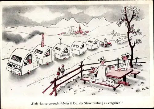 Künstler Ak Sieh da, so versucht Meier & Co der Steuerprüfung zu entgehen, Karikatur