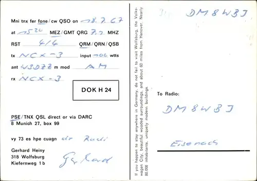 Ak Wolfsburg, Volkswagen City, QSL Funkerkarte DL 2 MD, Gerhard Heiny, Kiefernweg 1 b