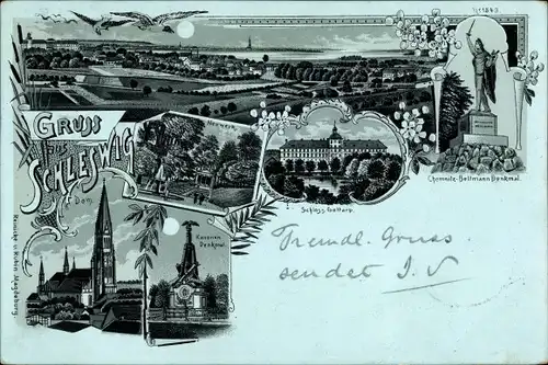 Mondschein Litho Schleswig an der Schlei, Schloss Gottorf, Dom, Kanonendenkmal, Neuwerk