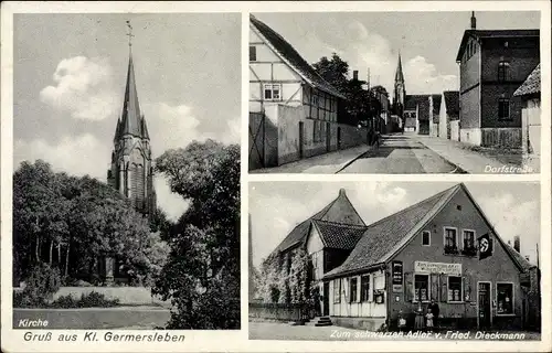 Ak Klein Germersleben Wanzleben Börde, Kirche, Zum schwarzen Adler, Dorfstraße