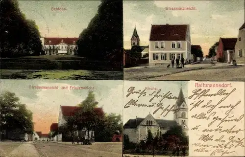 Ak Rathmannsdorf Staßfurt im Salzlandkreis, Schloss, Kirche, Straßenansicht, Friedenseiche