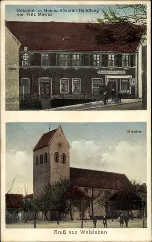 Ak Welsleben Bördeland im Salzlandkreis, Kolonialwarenhandlung Fritz Mewes, Kirche