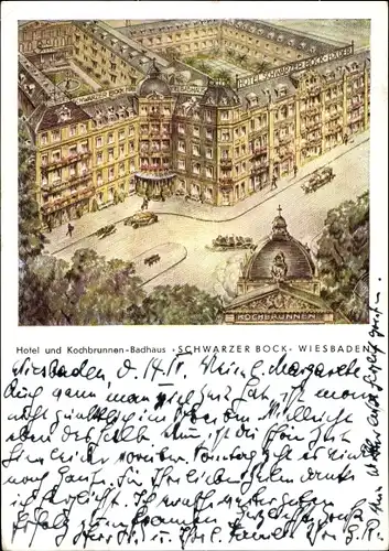 Künstler Ak Wiesbaden in Hessen, Hotel und Kochbrunnen-Badhaus Schwarzer Bock