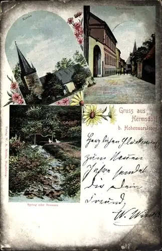 Ak Hermsdorf Hohe Börde in Sachsen Anhalt, Kirche, Kirchstraße, Spring oder Brunnen