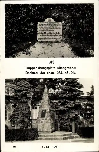 Ak Altengrabow Möckern in Sachsen Anhalt, Truppenübungsplatz, Denkmal der ehem. 234. Inf. Div.