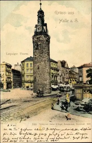 Ak Halle an der Saale, Leipziger Turm, Straßenpartie