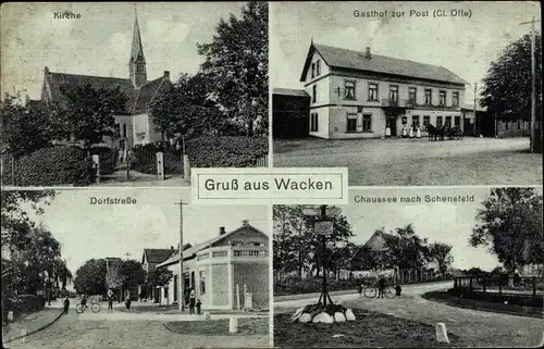 Ak Wacken in Schleswig Holstein, Kirche, Gasthof zur Post, Dorfstraße, Chaussee nach Schenefeld
