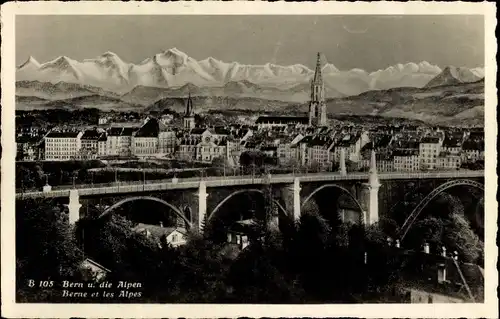 Ak Bern Stadt Schweiz, Gesamtansicht, Brücke, Alpen