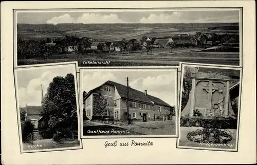 Ak Pomnitz im Burgenlandkreis, Gasthaus, Kirche, Kriegerdenkmal, Totalansicht