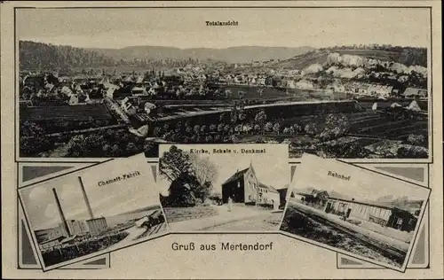 Ak Mertendorf Sachsen Anhalt, Panorama, Chamott Fabrik, Kirche, Schule, Denkmal, Bahnhof