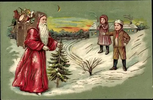 Präge Ak Frohe Weihnachten, Weihnachtsmann, Geschenke, Tannenbaum, Kinder