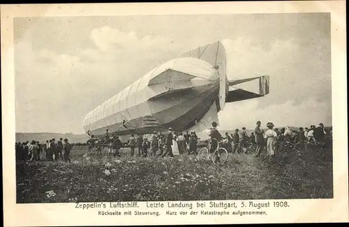 Ak Zeppelin Luftschiff Modell IV 1908, Steuerung, letzte Landung bei Stuttgart vor der Katastrophe