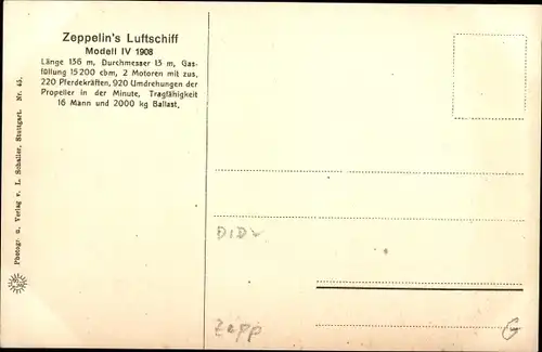 Ak Zeppelin Luftschiff Modell IV 1908, Längsseite, letzte Landung bei Stuttgart vor der Katastrophe