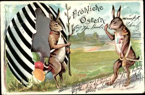 Litho Frohe Ostern, Hasensoldaten, Ostereier, Wachposten, Weidenkätzchen